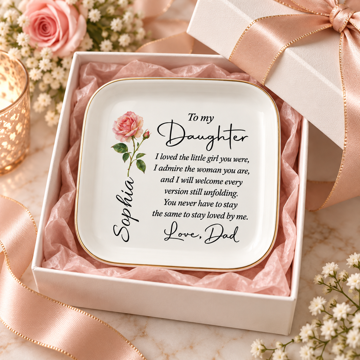 Personalized daughter jewelry dish in gift box, gift from Dad
