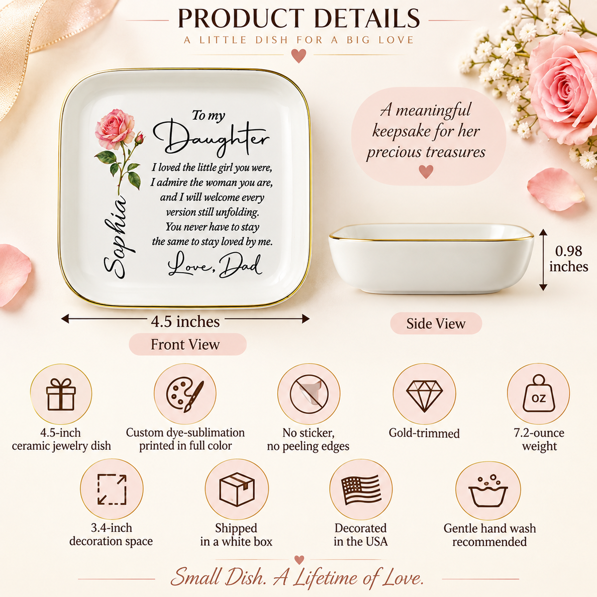 Jewelry dish product details: 4.5 inch ceramic, gold-trimmed, 0.98 inch depth