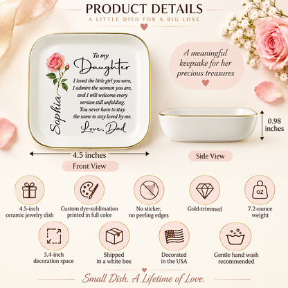 Jewelry dish product details: 4.5 inch ceramic, gold-trimmed, 0.98 inch depth