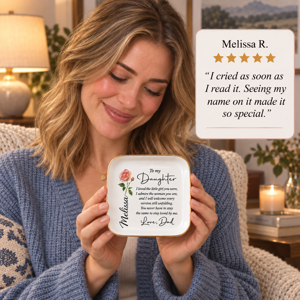 Daughter holding personalized To My Daughter birth flower jewelry dish, 5-star customer review