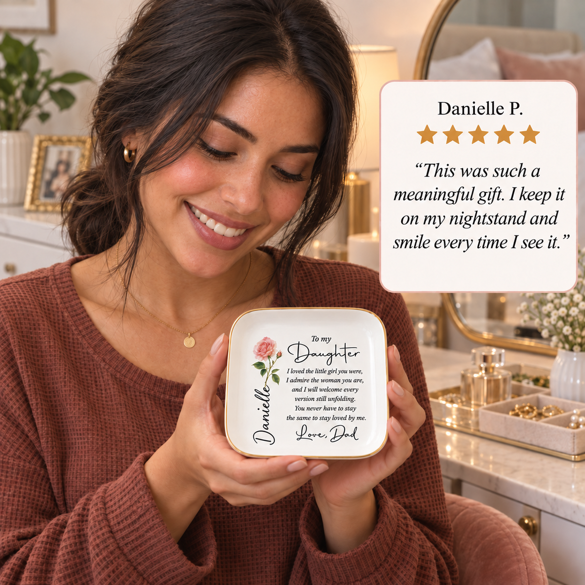 Daughter smiling at personalized jewelry dish gift from Dad, 5-star customer review