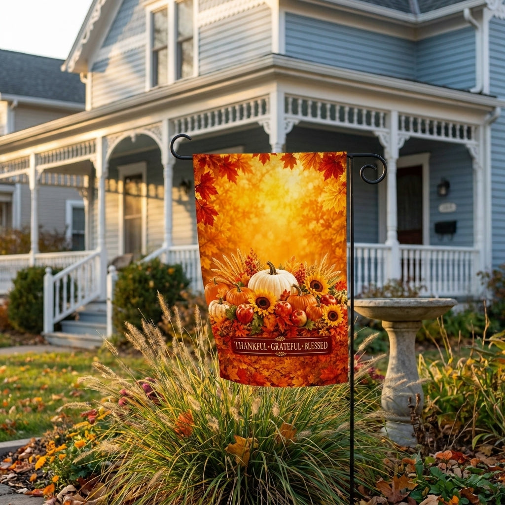 Thankful Grateful Blessed garden flag on a stand in front of a blue victorian home