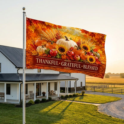 Thankful Grateful Blessed Thanksgiving 3x5 ft pole flag flying from a flagpole outside a white farmhouse