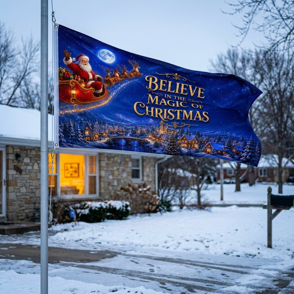 Believe in the Magic of Christmas 3x5 ft flag rippling on a flagpole outside a stone ranch in snow