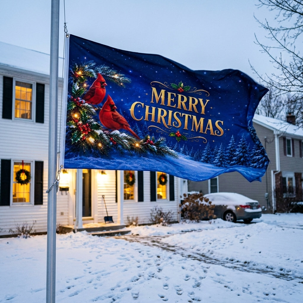 Merry Christmas Cardinals 3x5 ft flag rippling on a flagpole outside a snowy white colonial