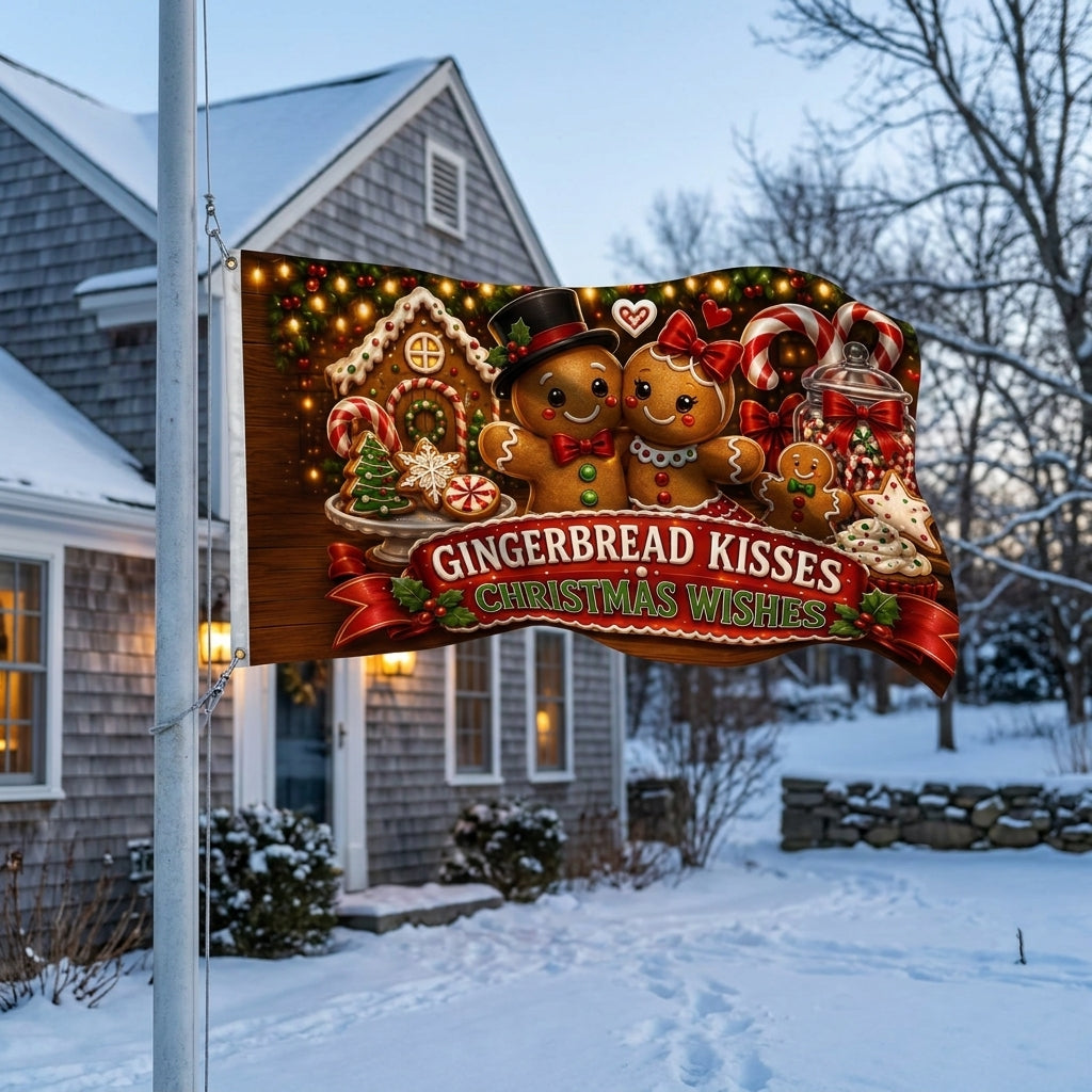 Gingerbread Kisses Christmas Wishes 3x5 ft flag rippling on a flagpole outside a grey saltbox in snow