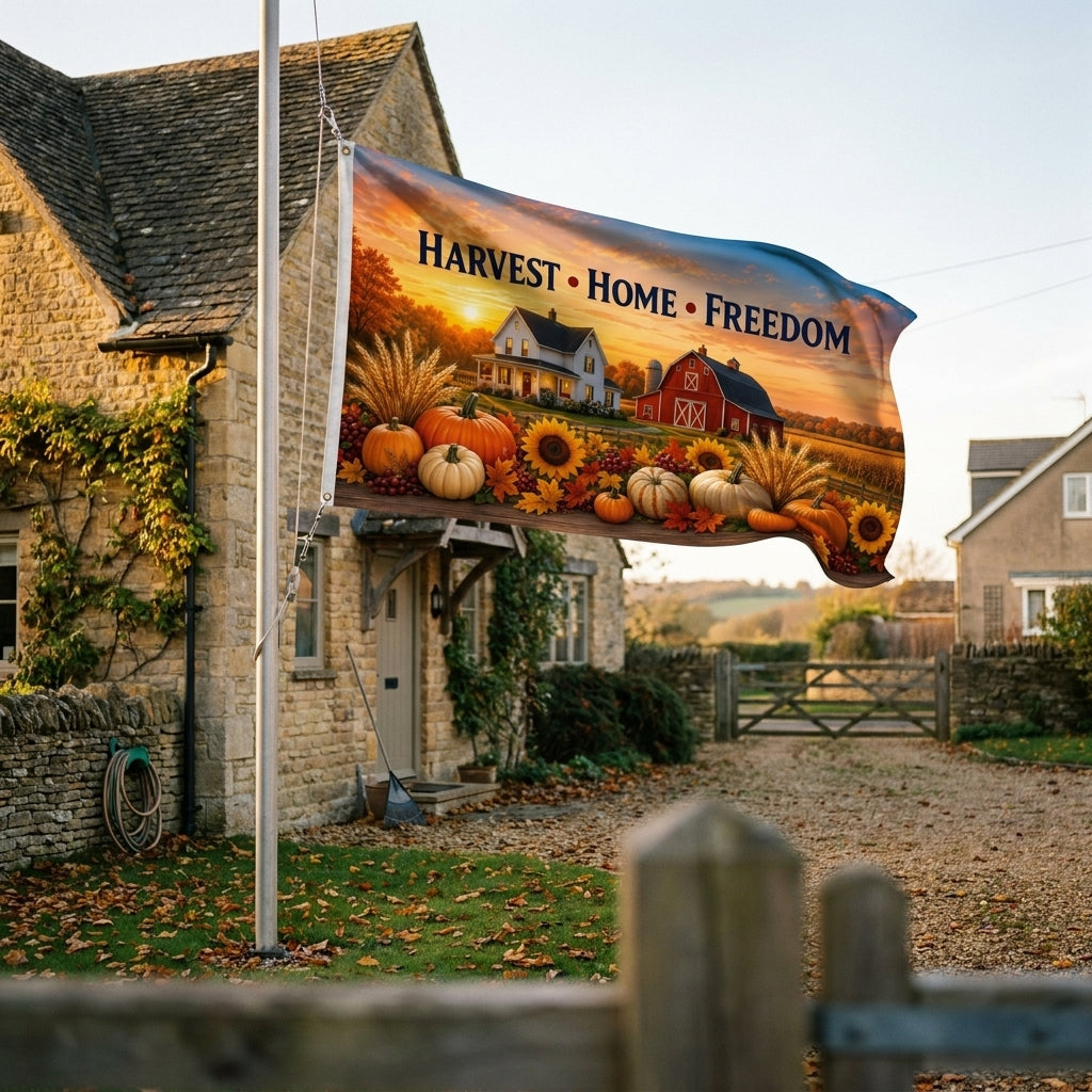 Harvest Home Freedom 3x5 ft fall flag rippling on a flagpole outside a stone farmhouse