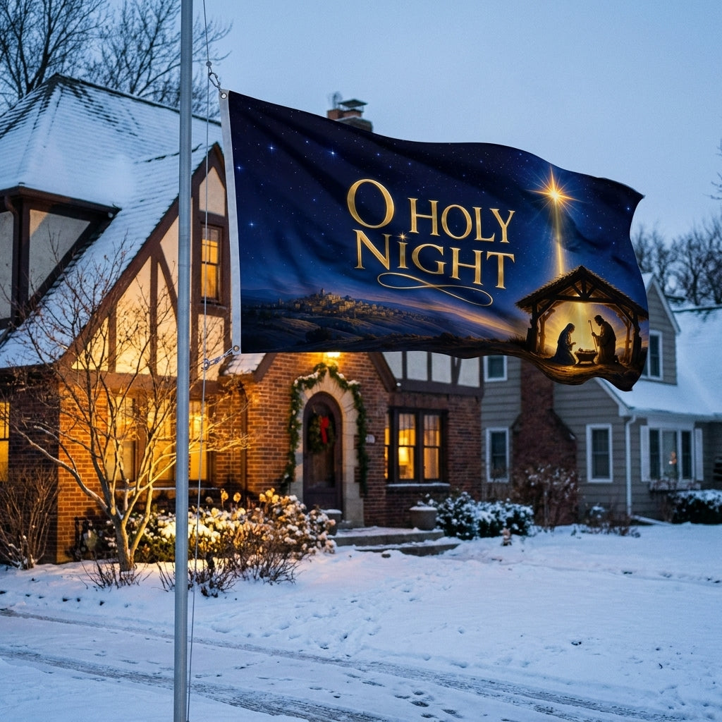 O Holy Night 3x5 ft nativity Christmas flag rippling on a flagpole outside a snowy brick Tudor