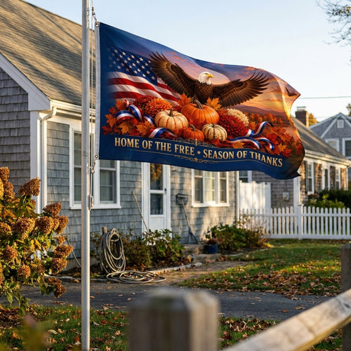 Home of the Free Season of Thanks 3x5 ft flag rippling on a flagpole outside a grey cape cod