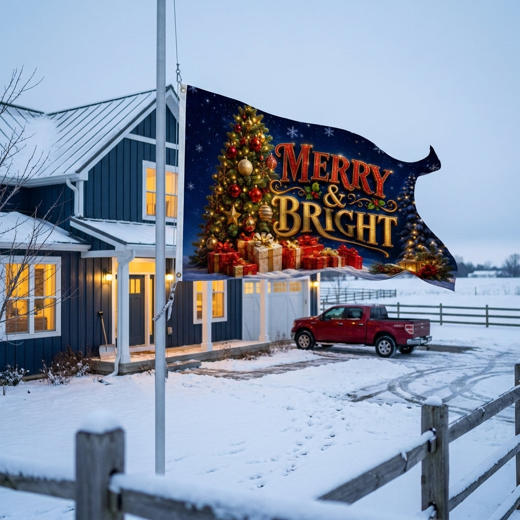 Merry and Bright 3x5 ft Christmas flag rippling on a flagpole outside a navy farmhouse in snow