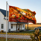 Thankful Grateful Blessed 3x5 ft Thanksgiving flag rippling on a flagpole outside a white farmhouse