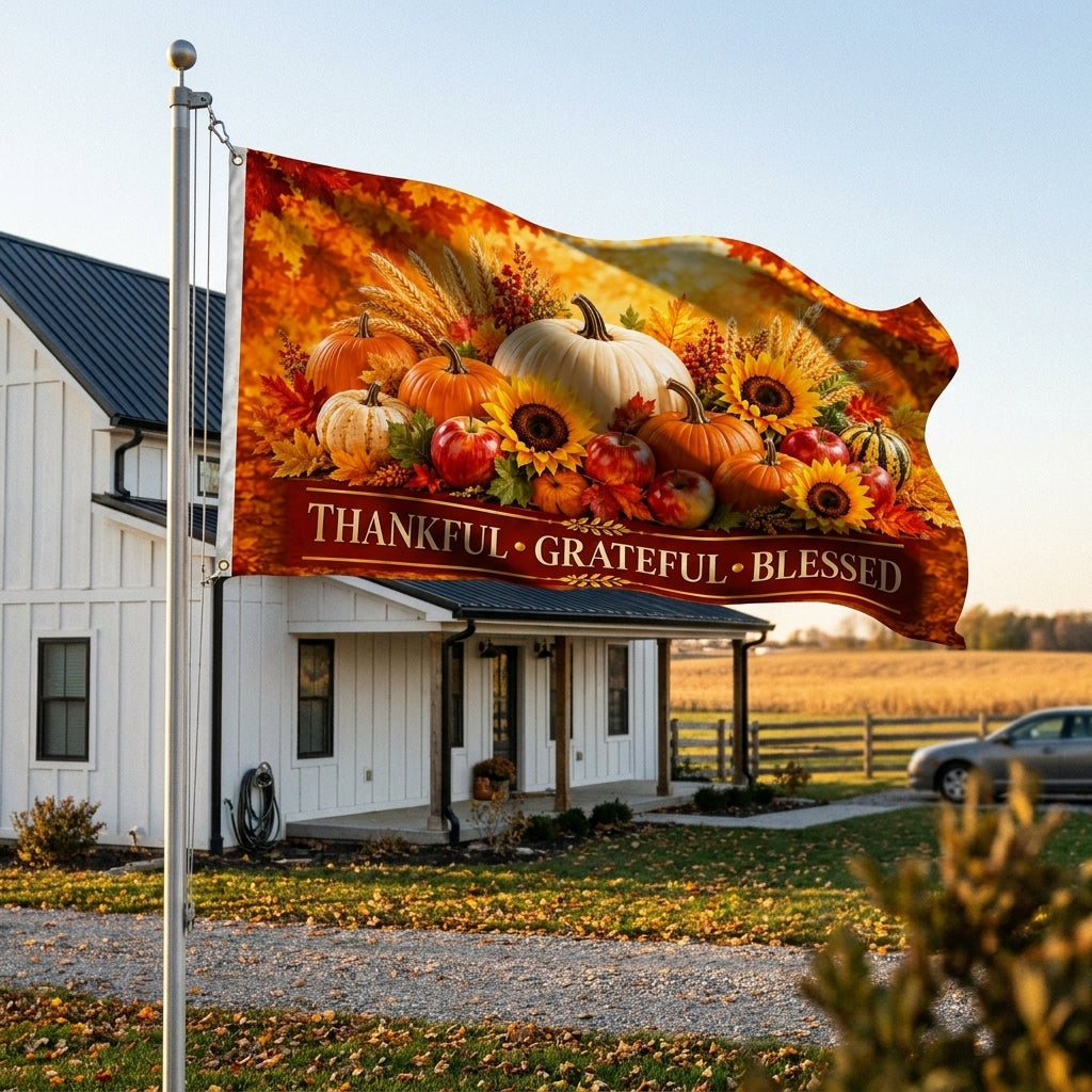 Thankful Grateful Blessed 3x5 ft Thanksgiving flag rippling on a flagpole outside a white farmhouse